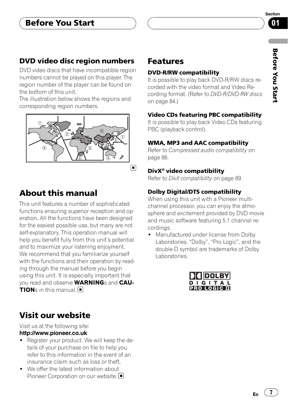 Dvd video disc region numbers 7, About this manual, Visit our website | Features, Before you start | Pioneer DVH-P500UB User Manual | Page 7 / 96