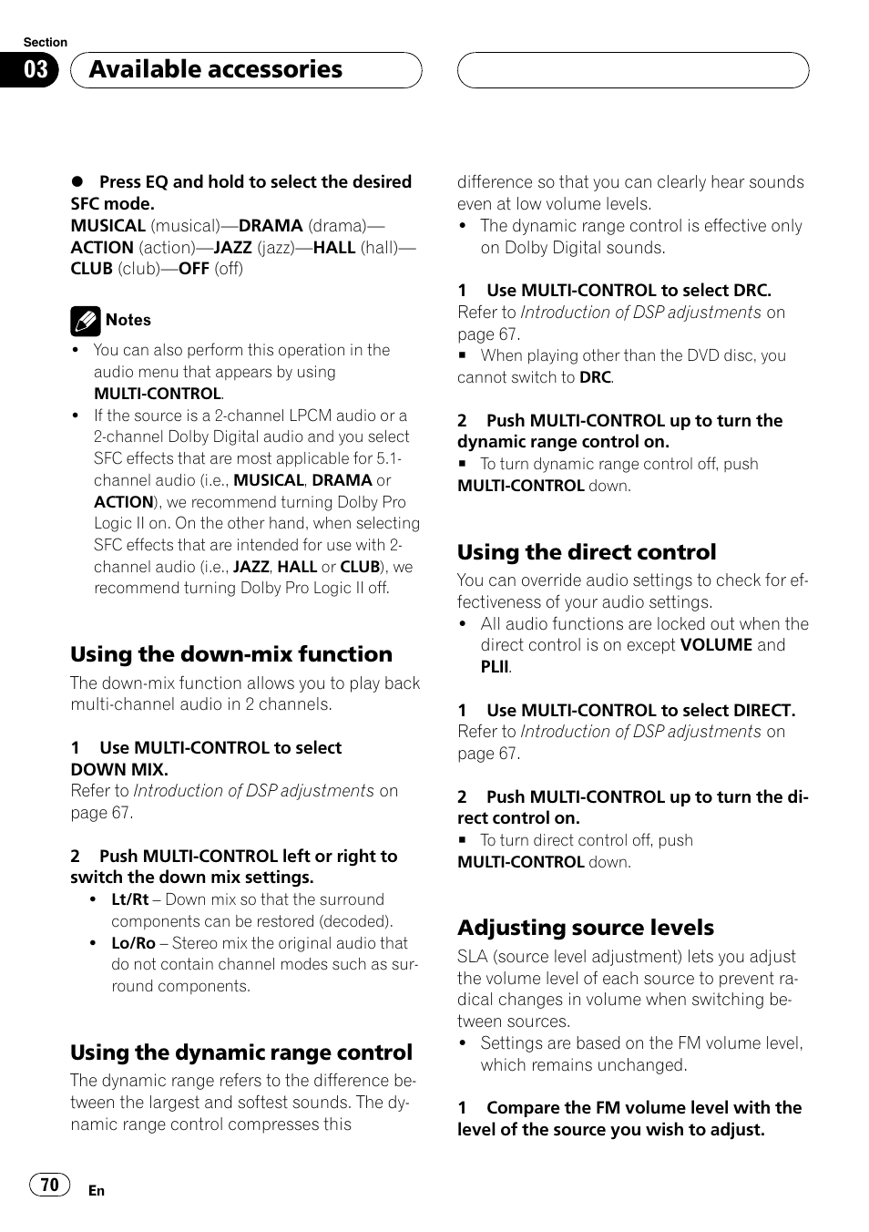 Using the down-mix function 70, Using the dynamic range control 70, Using the direct control 70 | Adjusting source levels 70, Using the, Using the di, Using the down, Available accessories, Using the down-mix function, Using the dynamic range control | Pioneer DVH-P500UB User Manual | Page 70 / 96