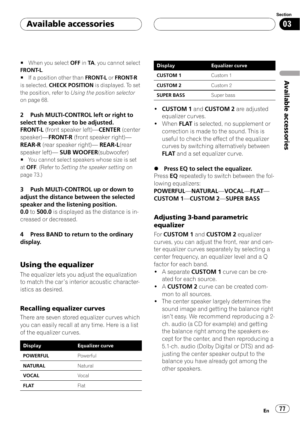 Using the equalizer 77, Adjusting 3-band parametric equalizer, Available accessories | Using the equalizer | Pioneer DVH-P500UB User Manual | Page 77 / 96