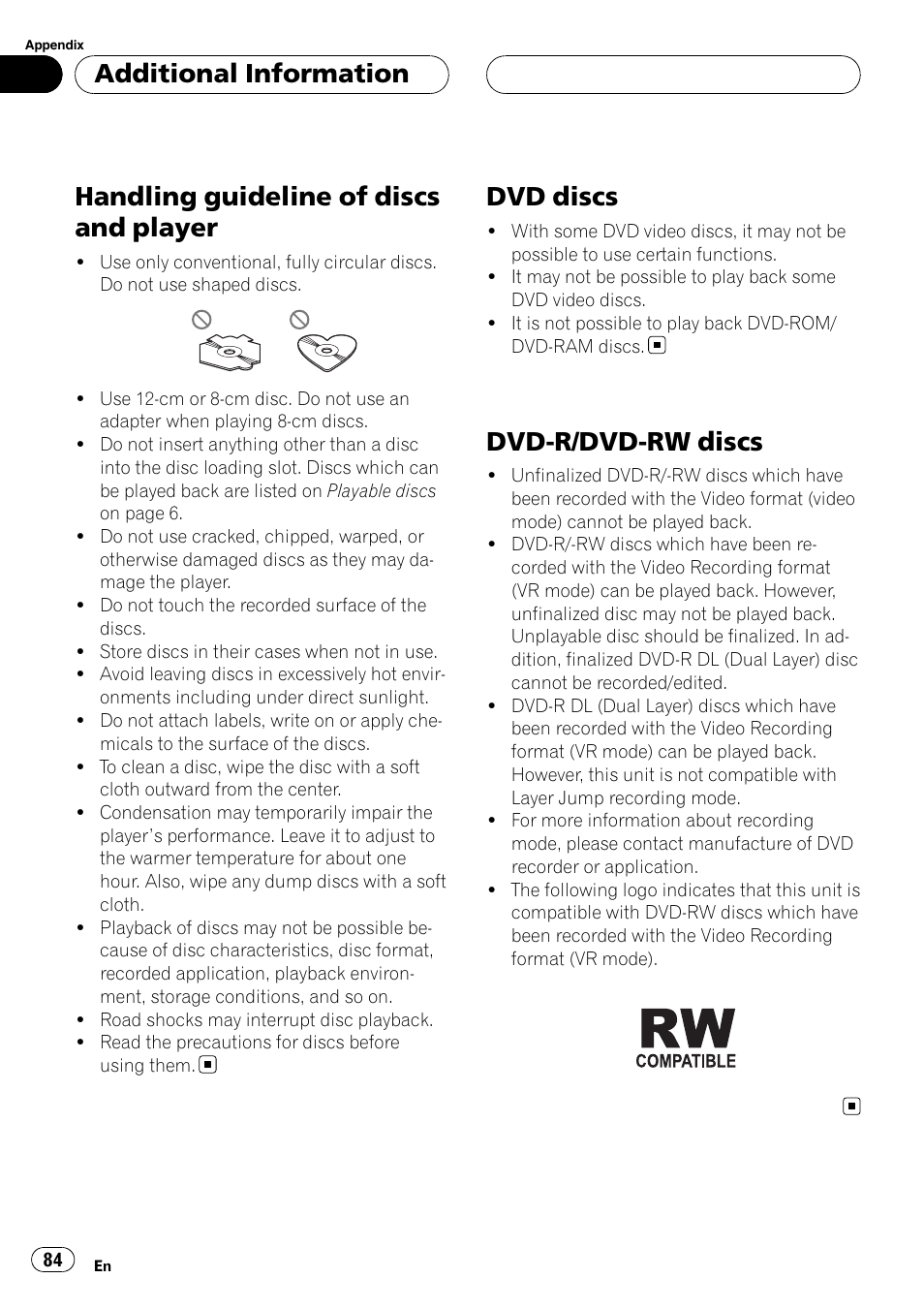Handling guideline of discs and player, Dvd discs, Dvd-r/dvd-rw discs | Additional information | Pioneer DVH-P500UB User Manual | Page 84 / 96