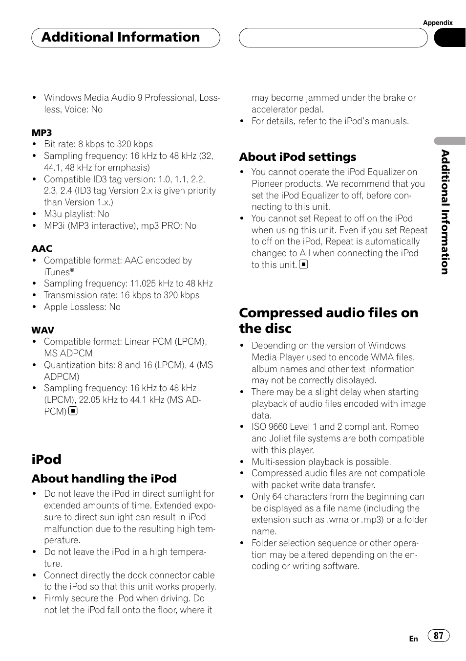 Ipod, About handling the ipod 87, About ipod settings 87 | Compressed audio files on the disc, Additional information, About handling the ipod, About ipod settings | Pioneer DVH-P500UB User Manual | Page 87 / 96