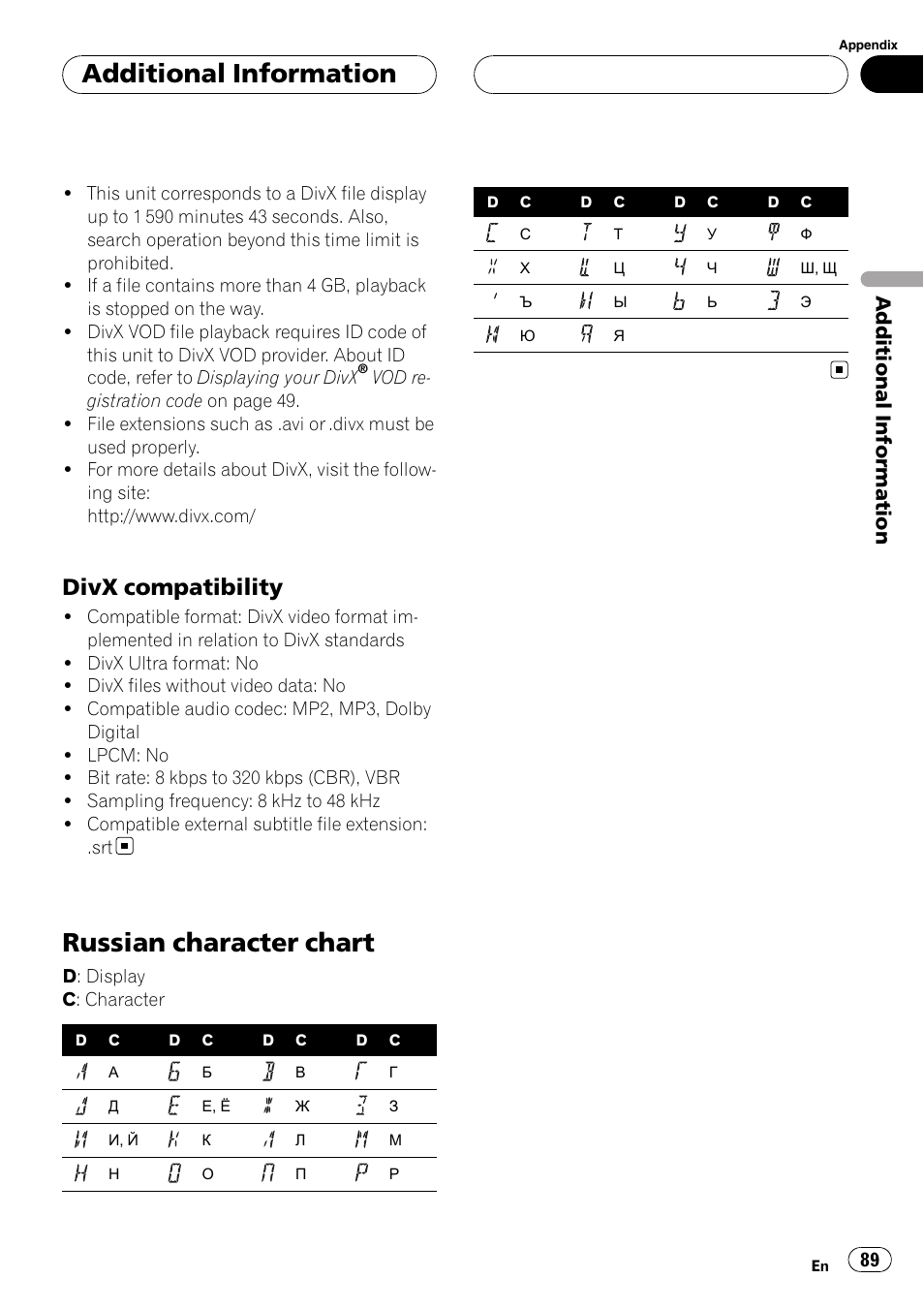 Divx compatibility 89, Russian character chart, Additional information | Divx compatibility | Pioneer DVH-P500UB User Manual | Page 89 / 96
