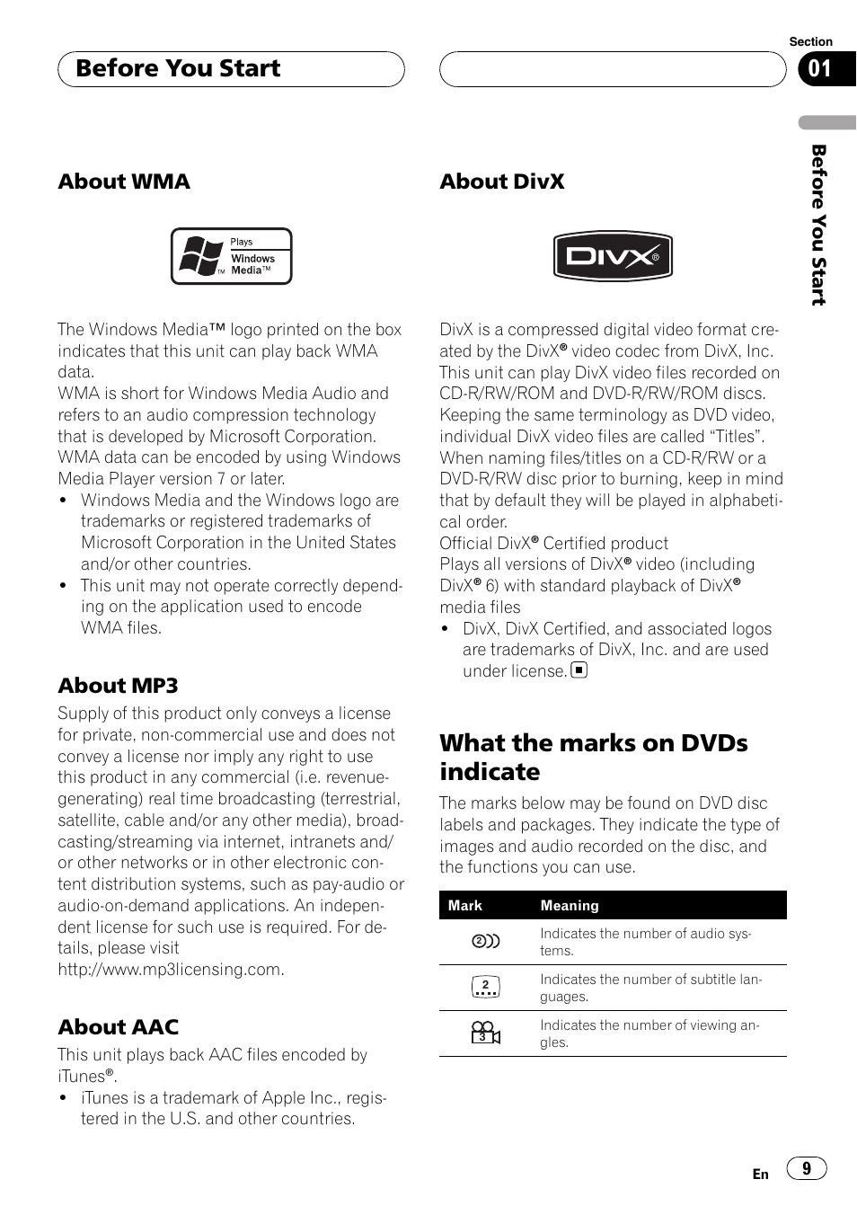 About wma 9, About mp3 9, About aac 9 | About divx 9, What the marks on dvds indicate, Before you start, About wma, About mp3, About aac, About divx | Pioneer DVH-P500UB User Manual | Page 9 / 96