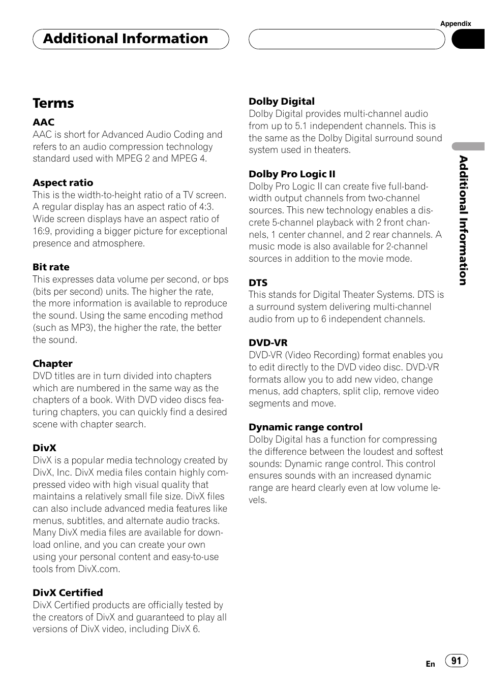Terms, Additional information | Pioneer DVH-P500UB User Manual | Page 91 / 96