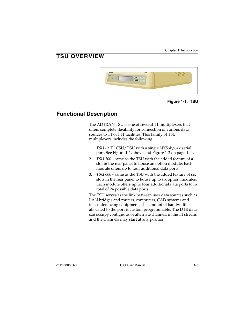 Functional description -3, Figure 1-1, Tsu overview | Functional description | ADTRAN T1-FT1 User Manual | Page 19 / 78