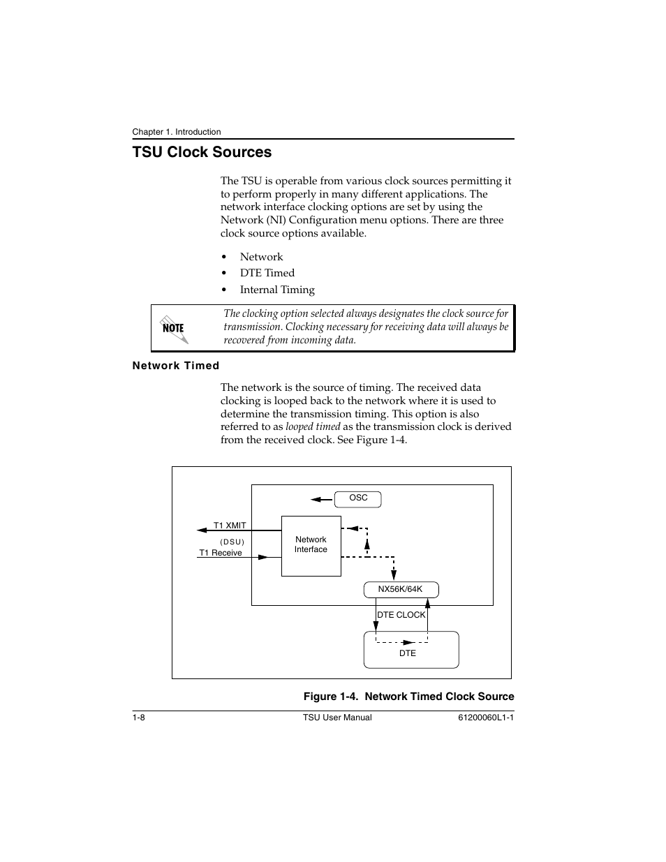 Tsu clock sources -8, Network timed -8, Figure 1-4 | Tsu clock sources | ADTRAN T1-FT1 User Manual | Page 24 / 78