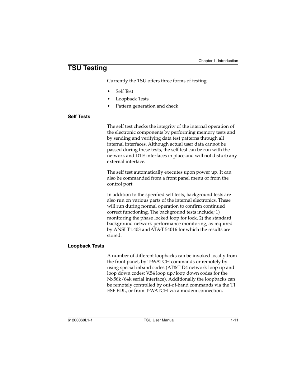 Tsu testing -11, Self tests -11 loopback tests -11, Tsu testing | ADTRAN T1-FT1 User Manual | Page 27 / 78