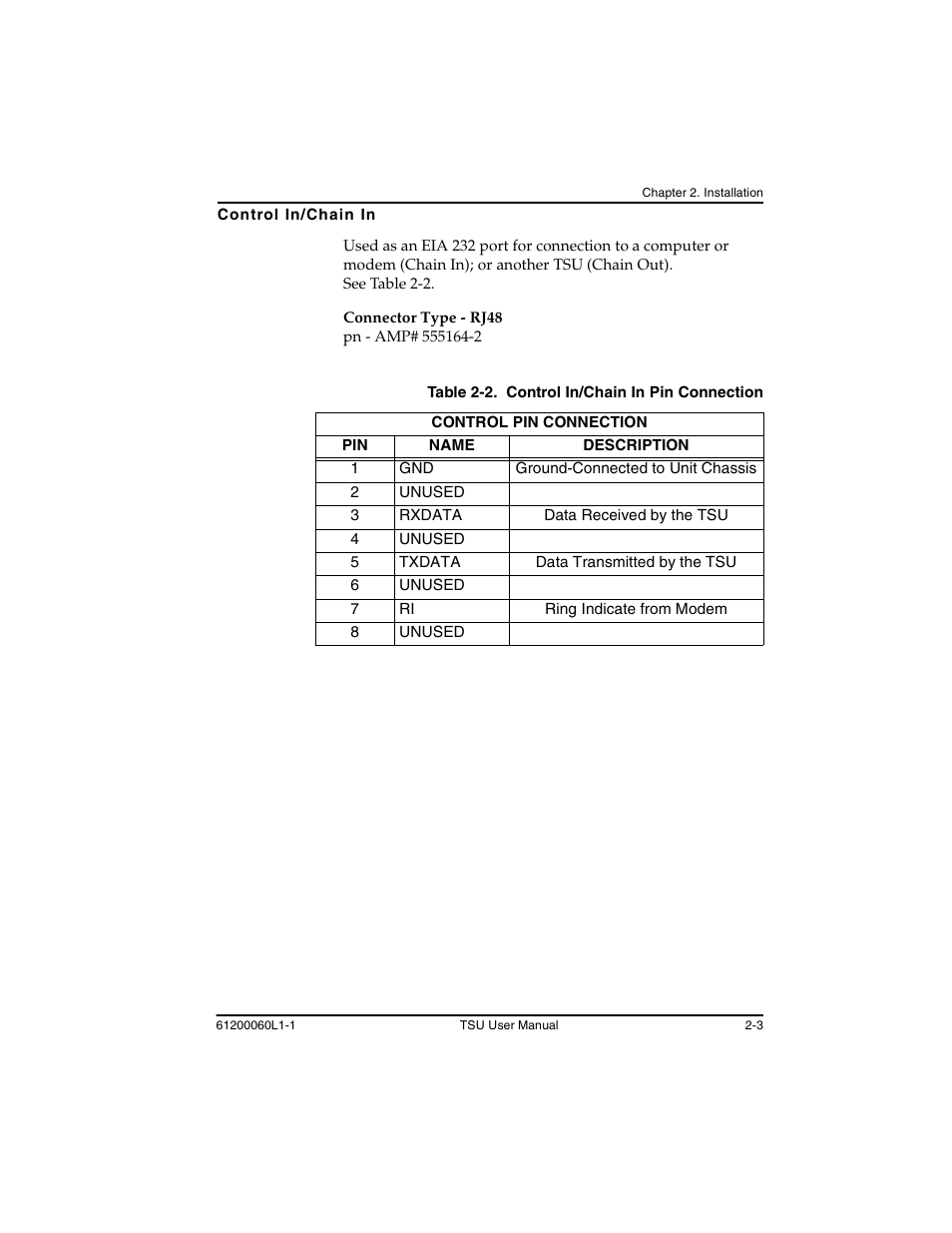 Control in/chain in -3, Table 2-2, Control in/chain in pin connection -3 | ADTRAN T1-FT1 User Manual | Page 33 / 78