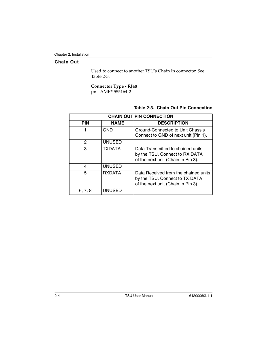 Chain out -4, Table 2-3, Chain out pin connection -4 | ADTRAN T1-FT1 User Manual | Page 34 / 78