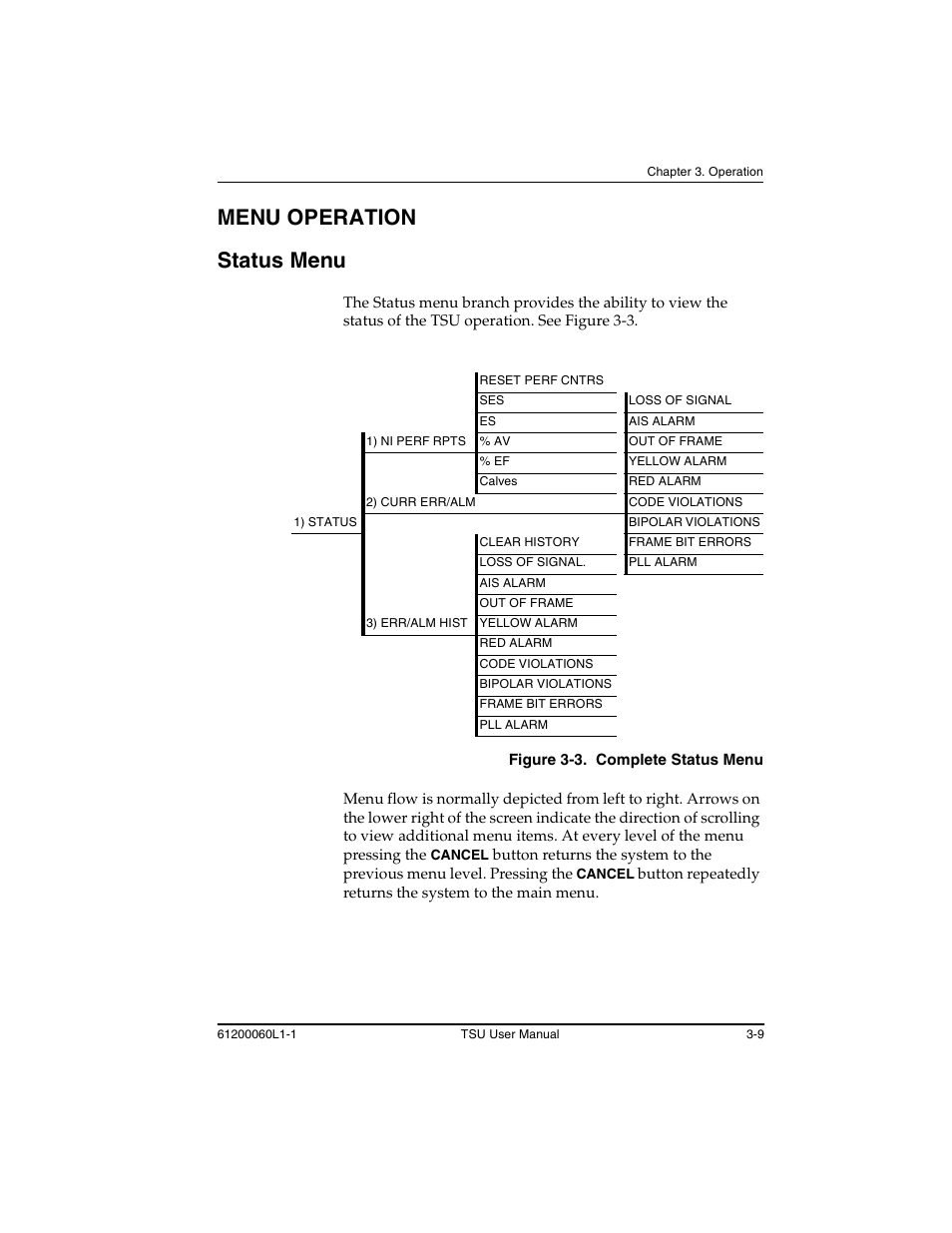 Menu operation -9, Status menu -9, Figure 3-3 | Menu operation status menu | ADTRAN T1-FT1 User Manual | Page 45 / 78