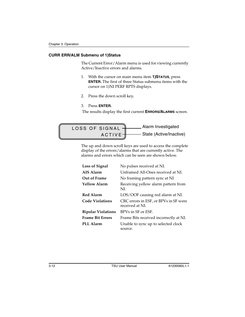 Curr err/alm submenu of 1)status -12 | ADTRAN T1-FT1 User Manual | Page 48 / 78