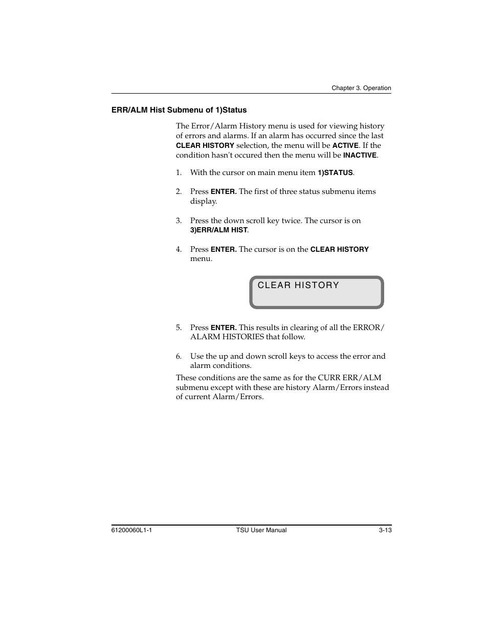 Err/alm hist submenu of 1)status -13 | ADTRAN T1-FT1 User Manual | Page 49 / 78