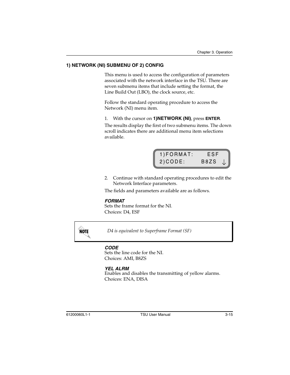 1) network (ni) submenu of 2) config -15 | ADTRAN T1-FT1 User Manual | Page 51 / 78