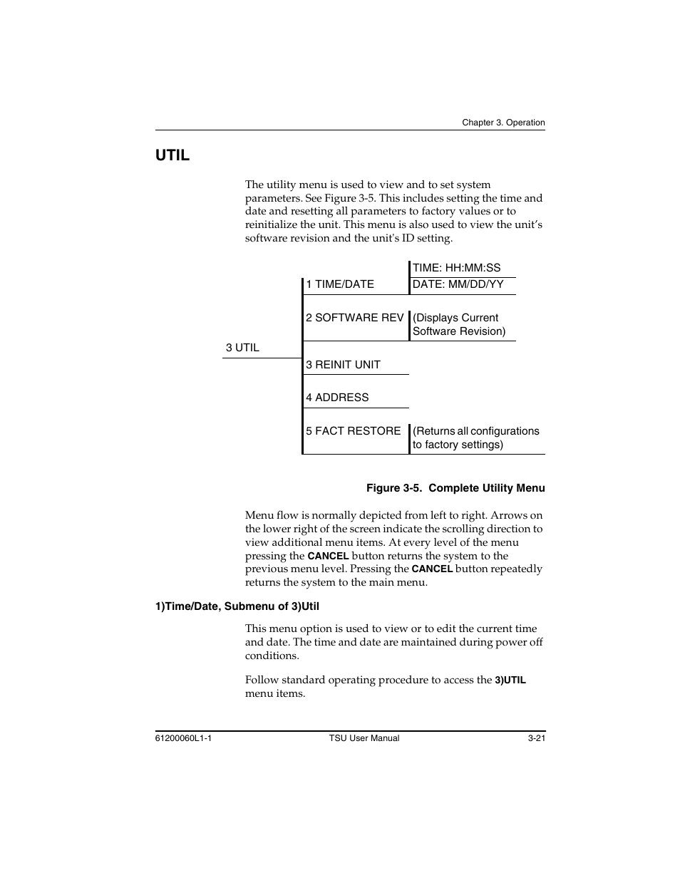 Util -21, 1)time/date, submenu of 3)util -21, Figure 3-5 | Util | ADTRAN T1-FT1 User Manual | Page 57 / 78