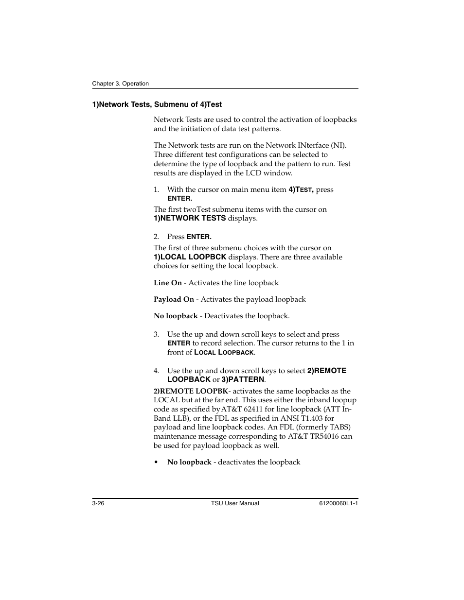 1)network tests, submenu of 4)test -26 | ADTRAN T1-FT1 User Manual | Page 62 / 78