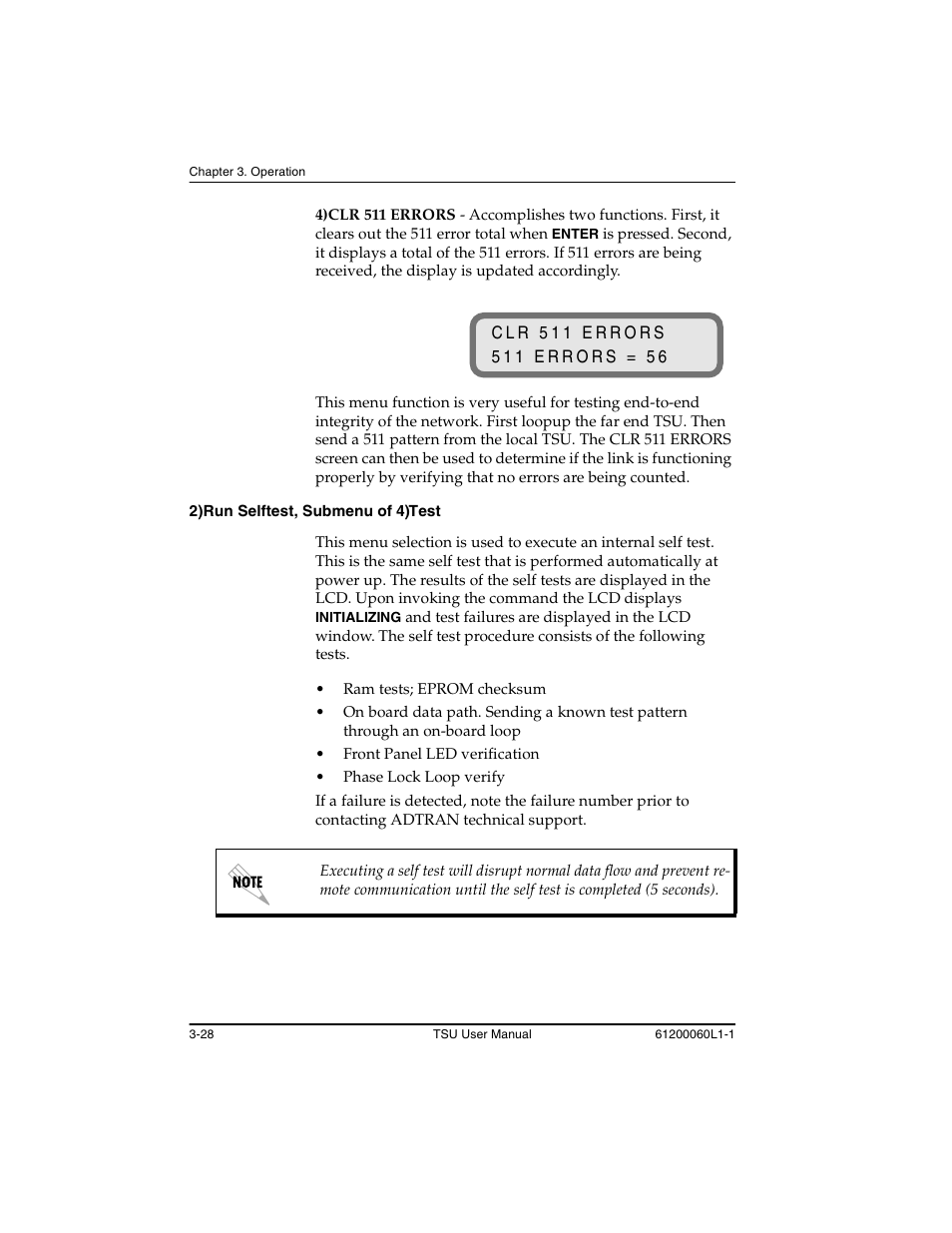 2)run selftest, submenu of 4)test -28 | ADTRAN T1-FT1 User Manual | Page 64 / 78