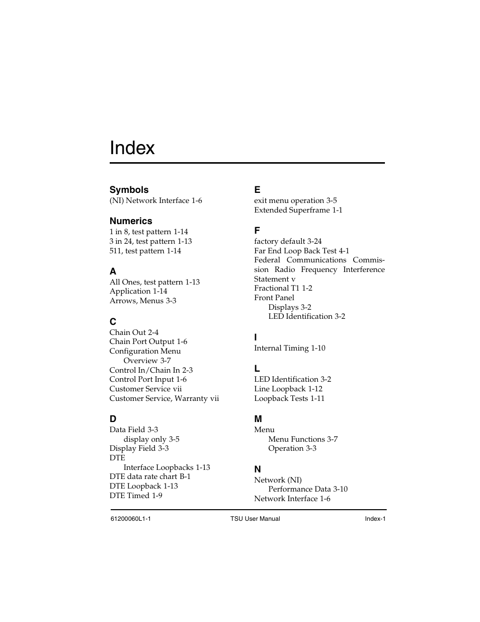 Index | ADTRAN T1-FT1 User Manual | Page 75 / 78