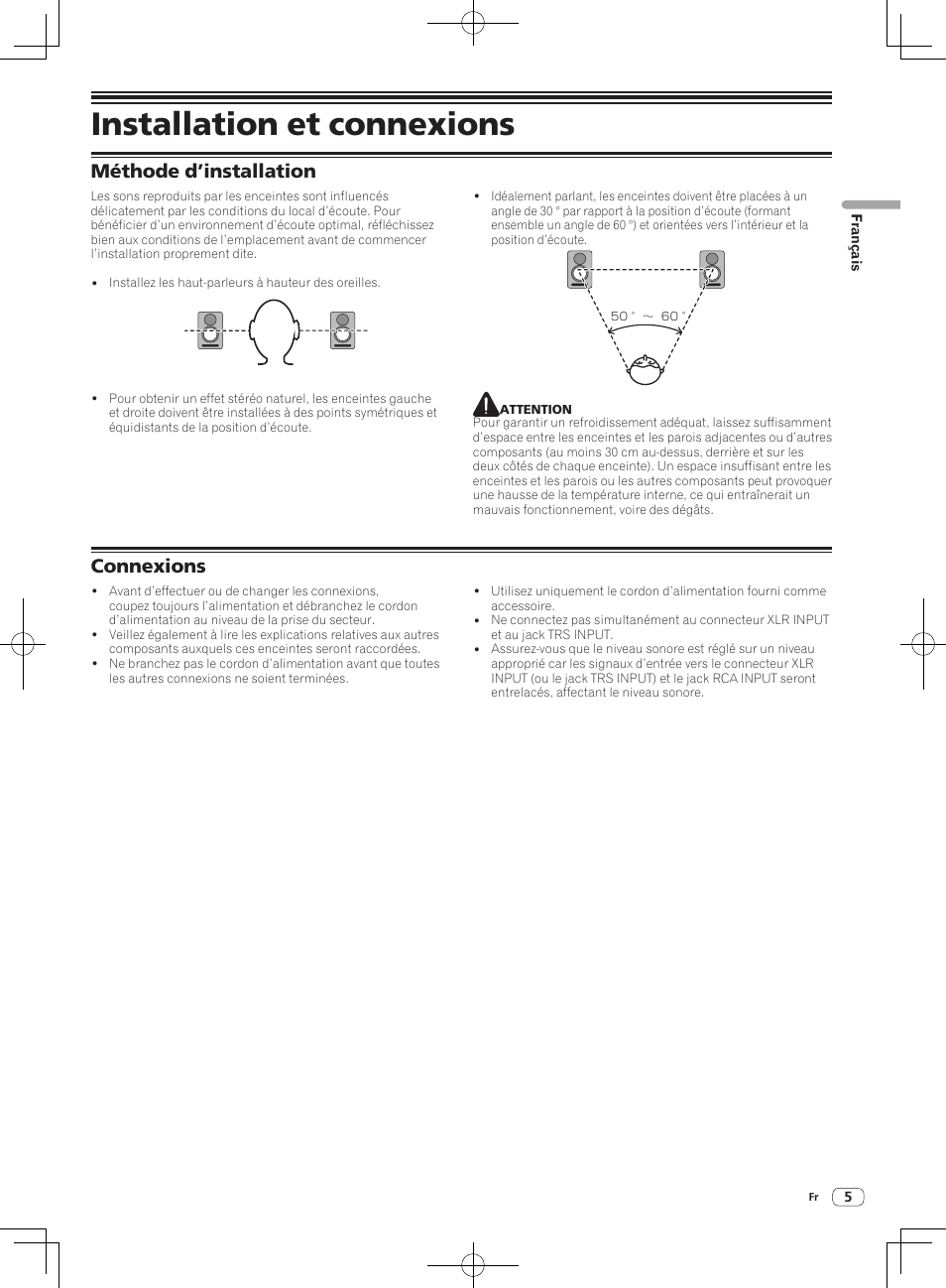 Installation et connexions, Méthode d’installation, Connexions | Pioneer S-DJ50X-W User Manual | Page 11 / 52