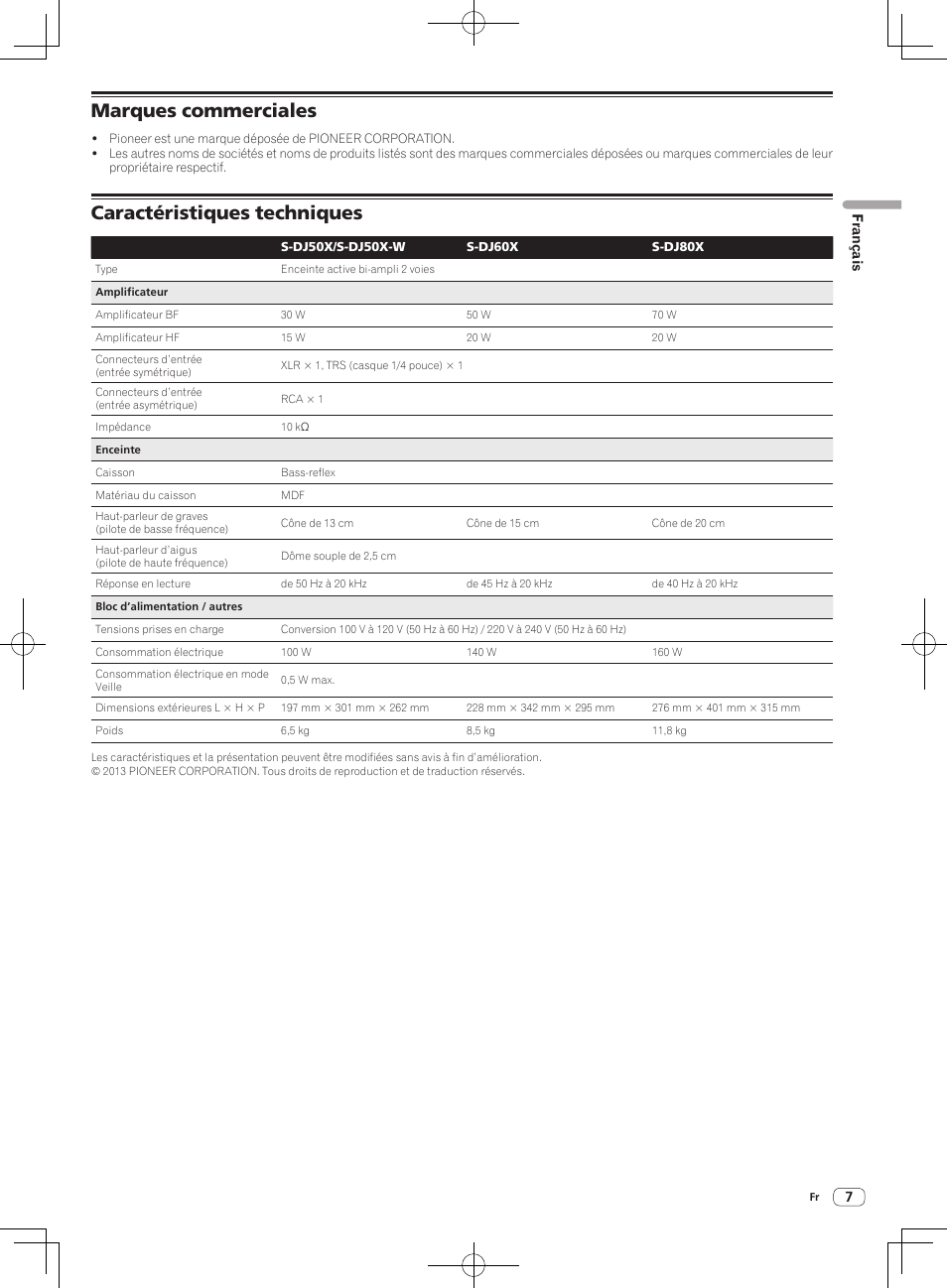Marques commerciales, Caractéristiques techniques | Pioneer S-DJ50X-W User Manual | Page 13 / 52