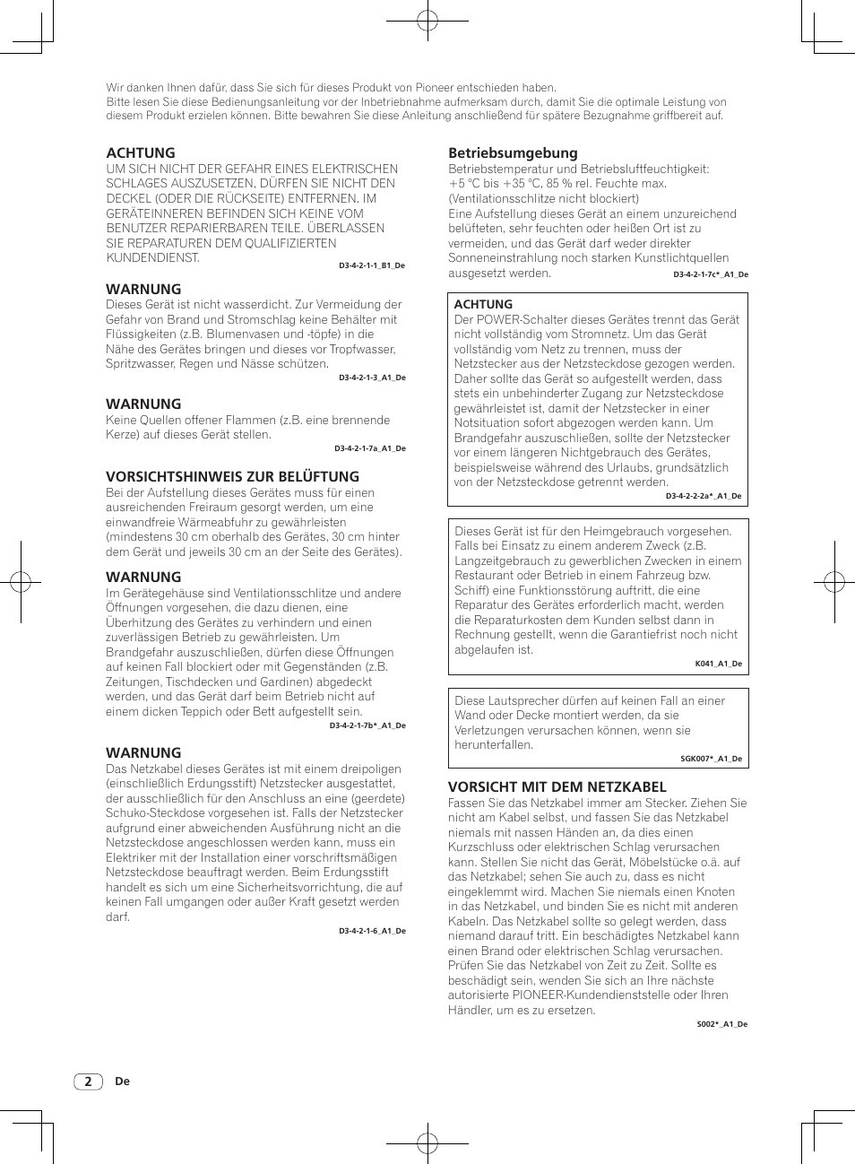 Aktiver referenzmonitor, Bedienungsanleitung, Betriebsumgebung | Warnung, Vorsichtshinweis zur belüftung, Achtung, Vorsicht mit dem netzkabel | Pioneer S-DJ50X-W User Manual | Page 14 / 52