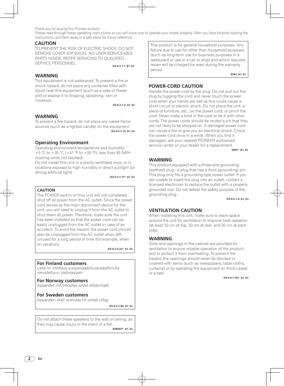 Active reference monitor, Operating instructions, Warning | Operating environment, Power-cord caution, Ventilation caution, Caution | Pioneer S-DJ50X-W User Manual | Page 2 / 52