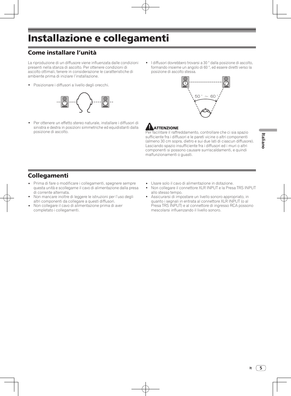 Installazione e collegamenti, Come installare l’unità, Collegamenti | Pioneer S-DJ50X-W User Manual | Page 23 / 52