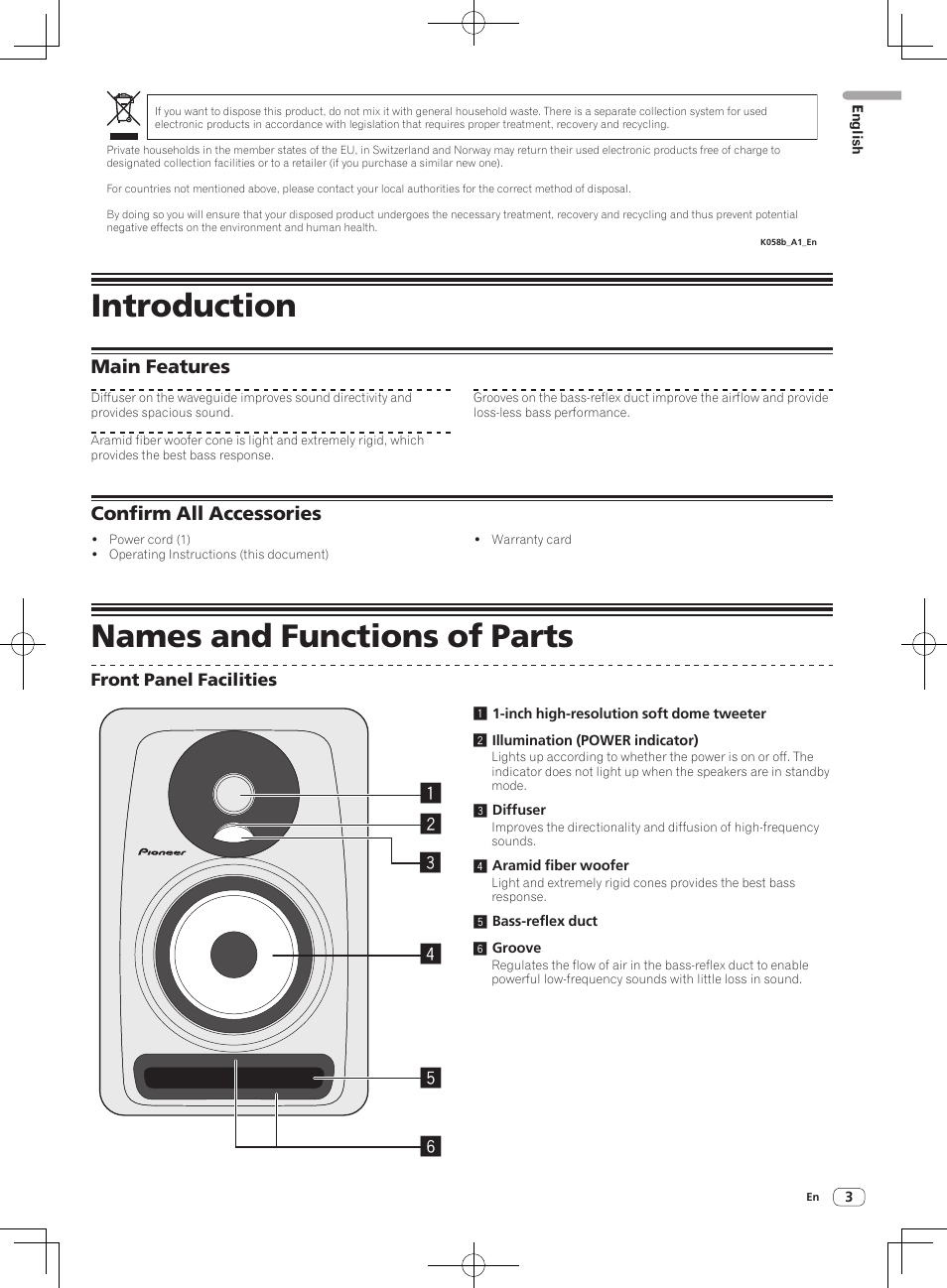 Introduction, Names and functions of parts, Main features | Confirm all accessories | Pioneer S-DJ50X-W User Manual | Page 3 / 52