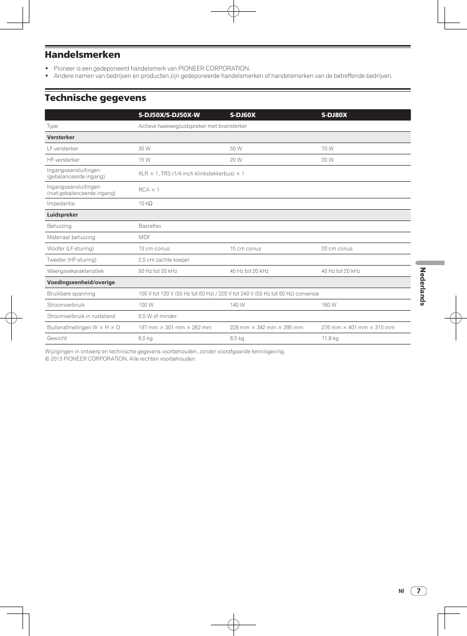 Handelsmerken, Technische gegevens | Pioneer S-DJ50X-W User Manual | Page 31 / 52