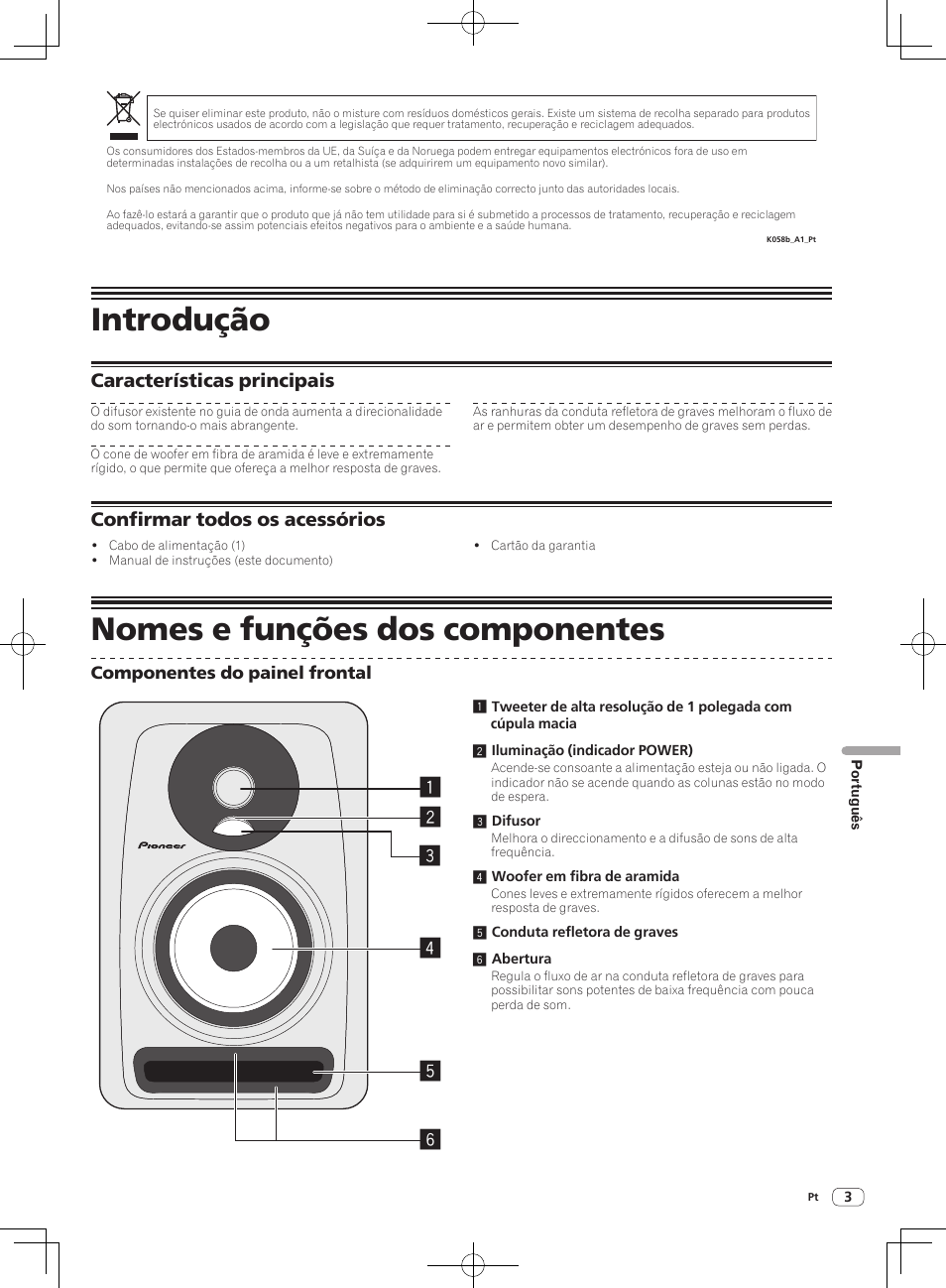 Introdução, Nomes e funções dos componentes, Características principais | Confirmar todos os acessórios | Pioneer S-DJ50X-W User Manual | Page 39 / 52