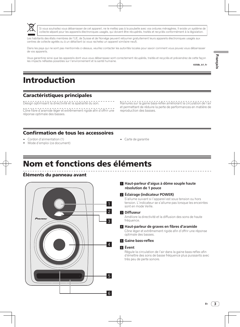Introduction, Nom et fonctions des éléments, Caractéristiques principales | Confirmation de tous les accessoires | Pioneer S-DJ50X-W User Manual | Page 9 / 52