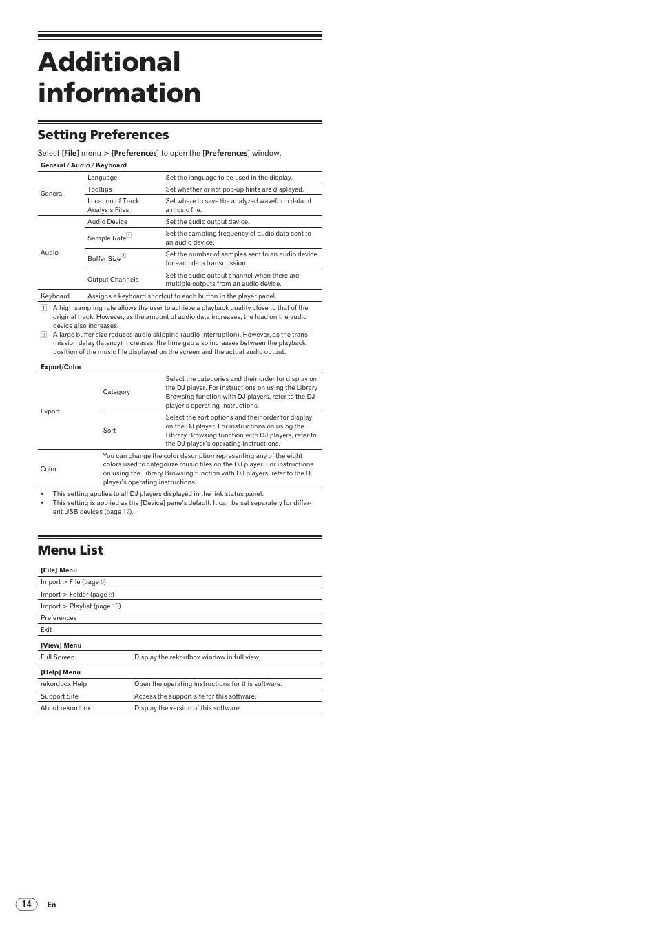 Additionalinformation, Setting preferences, Menu list | Additional information, Setting preferences menu list | Pioneer rekordbox User Manual | Page 14 / 16