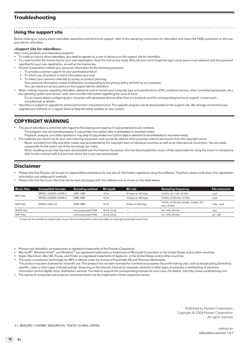 Troubleshooting, Copyright warning, Disclaimer | Troubleshooting copyright warning disclaimer, Using the support site, Pioneer corporation | Pioneer rekordbox User Manual | Page 16 / 16