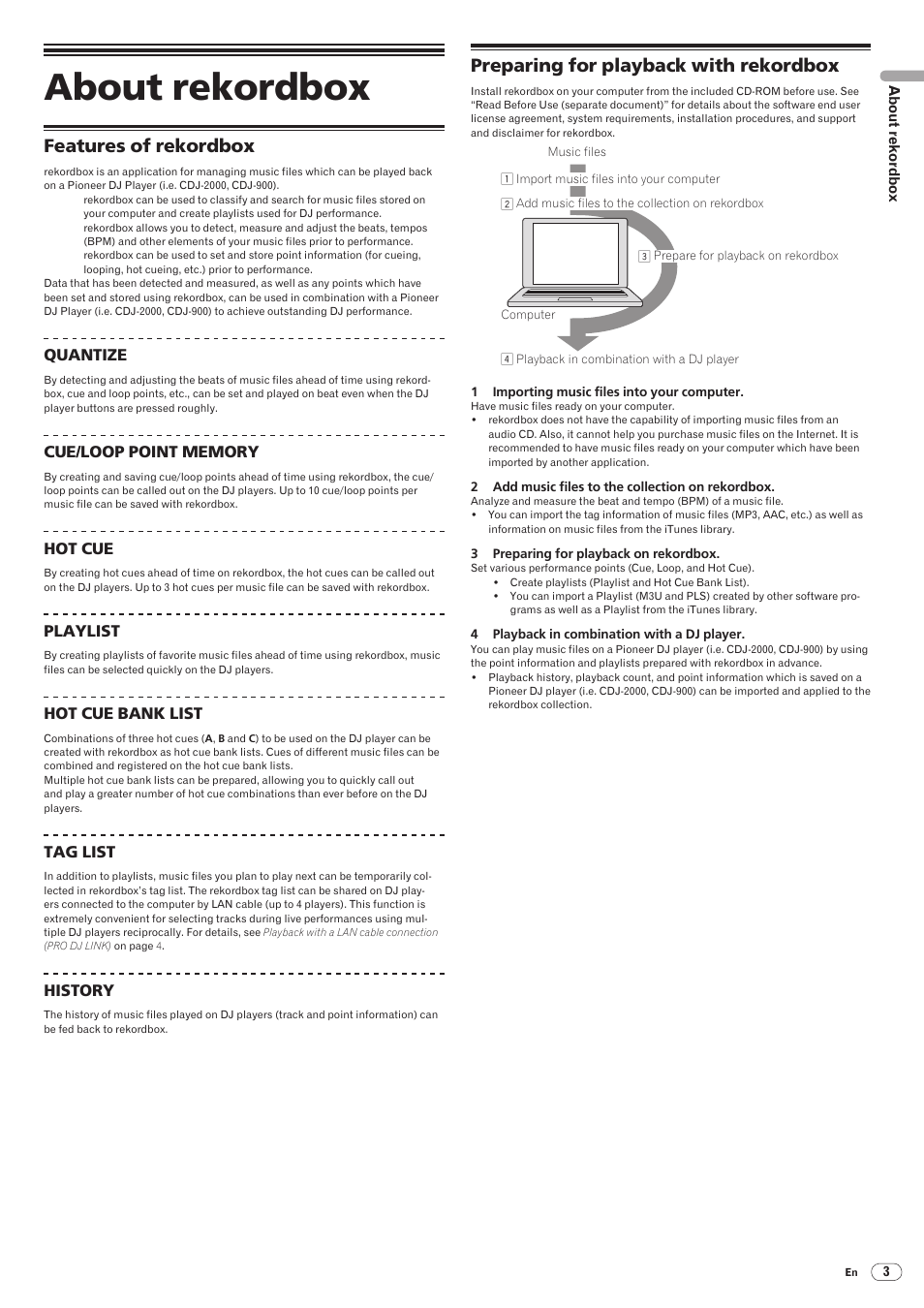 About rekordbox, Features of rekordbox, Preparing for playback with rekordbox | Pioneer rekordbox User Manual | Page 3 / 16
