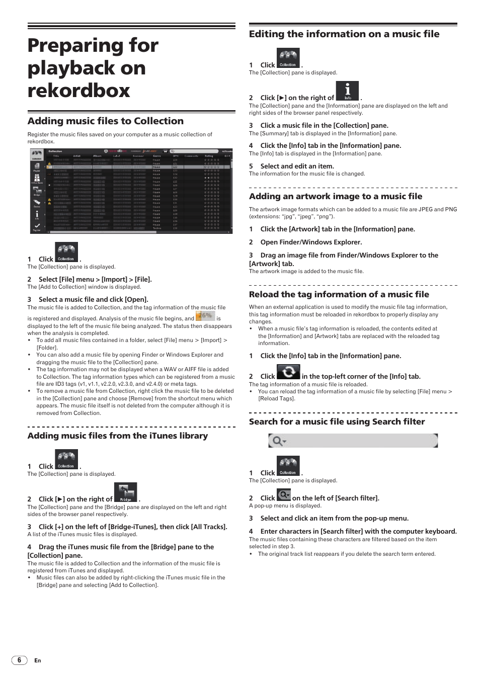 Preparing forplayback onrekordbox, Adding music files to collection, Editing the information on a music file | Preparing for playback on rekordbox | Pioneer rekordbox User Manual | Page 6 / 16