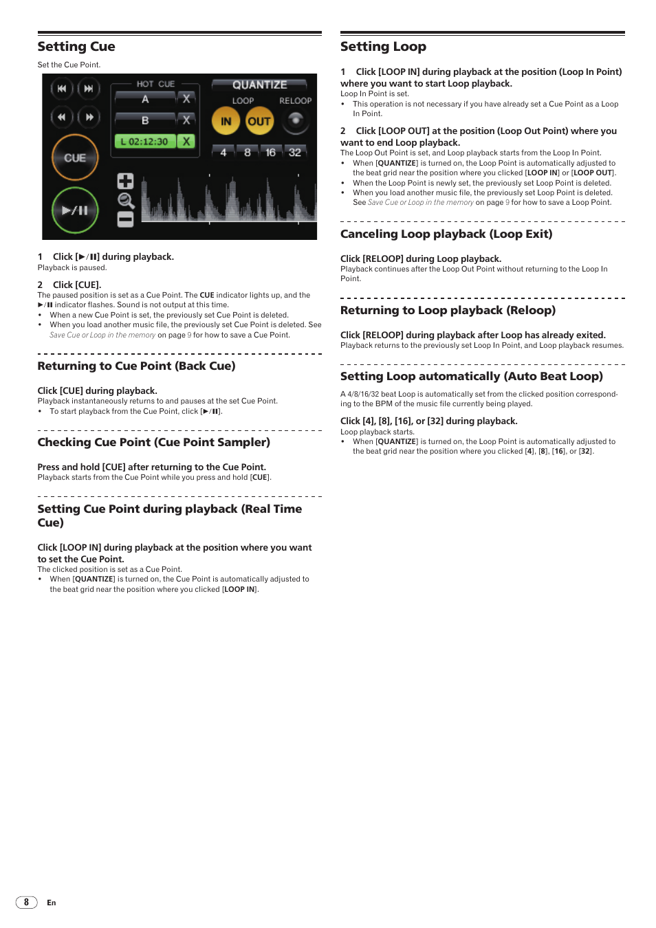 Setting cue, Setting loop, Setting cue setting loop | Pioneer rekordbox User Manual | Page 8 / 16