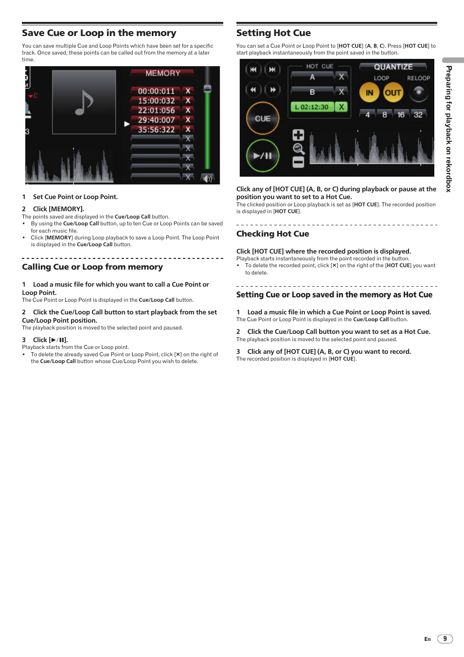 Save cue or loop in the memory, Setting hot cue, Save cue or loop in the memory setting hot cue | Pioneer rekordbox User Manual | Page 9 / 16