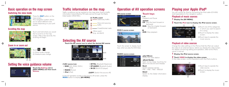 Selecting the av source, Basic operation on the map screen, Operation of av operation screens | Playing your apple ipod, Setting the voice guidance volume, Traffic information on the map, Switching the view mode, Scrolling the map, Zoom in or zoom out, Playback of music sources | Pioneer AVIC-D3 User Manual | Page 2 / 2