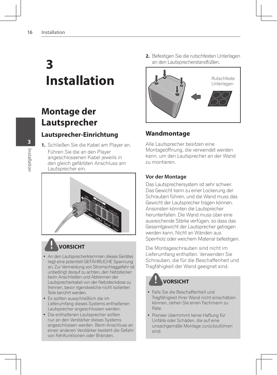 Montage der lautsprecher, Lautsprecher-einrichtung, Wandmontage | 3installation | Pioneer DCS-222K User Manual | Page 108 / 280