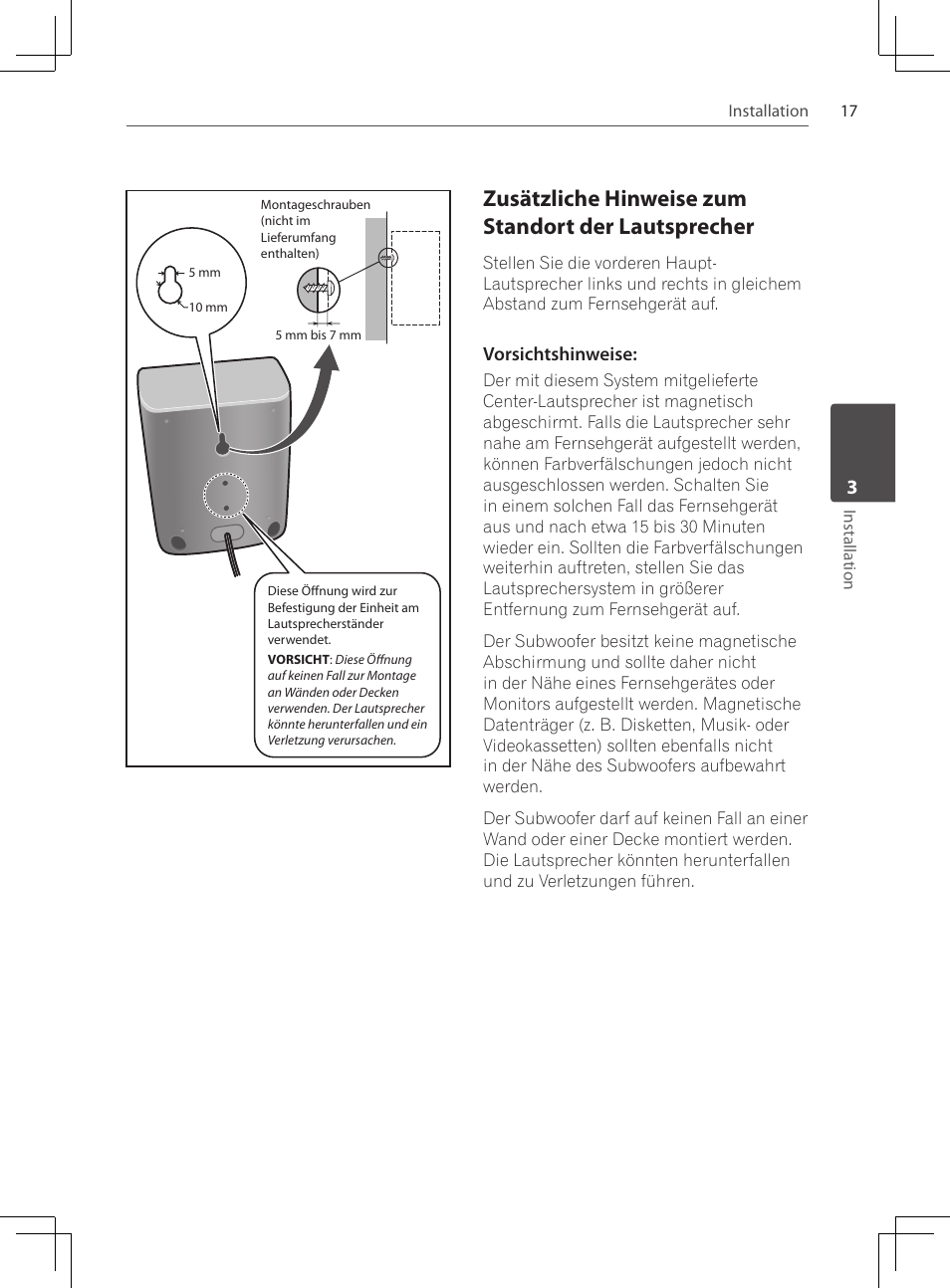 Zusätzliche hinweise zum standort, Der lautsprecher, Zusätzliche hinweise zum standort der lautsprecher | Vorsichtshinweise | Pioneer DCS-222K User Manual | Page 109 / 280