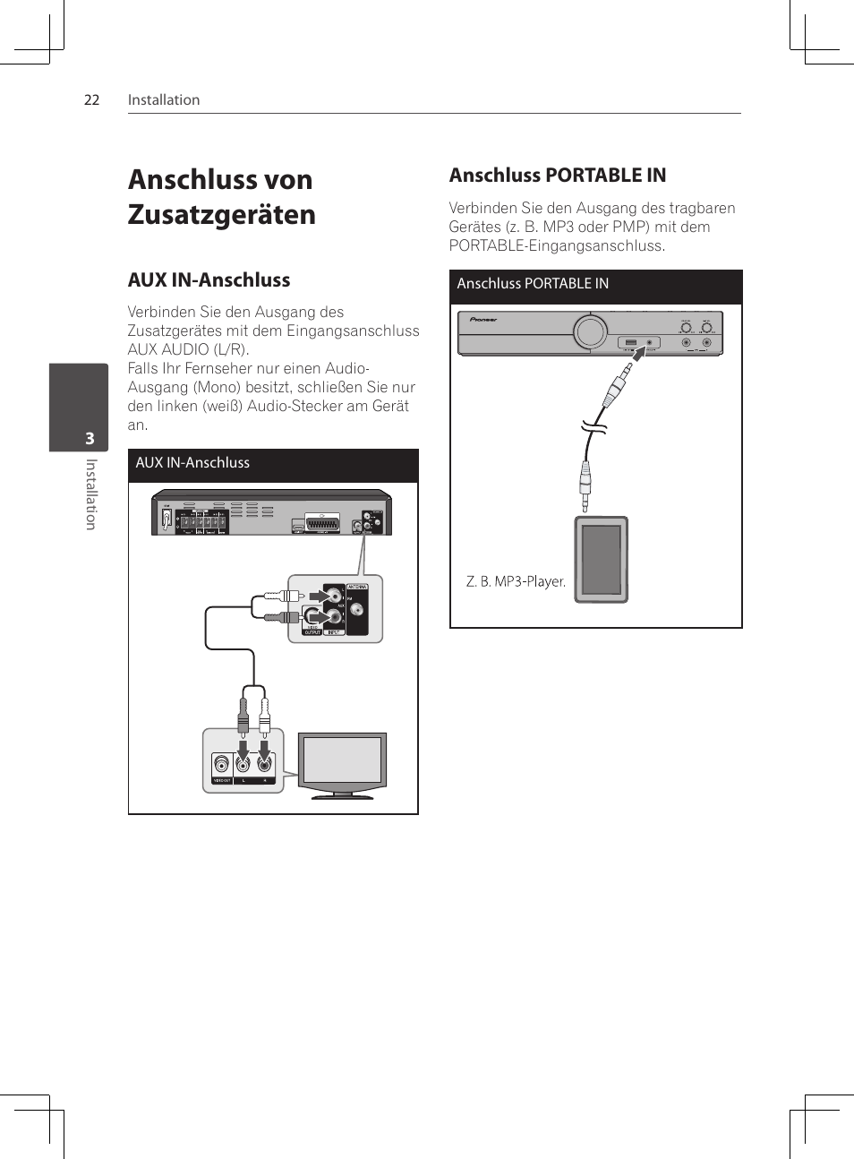 Anschluss von zusatzgeräten, Aux in-anschluss, Anschluss portable in | Pioneer DCS-222K User Manual | Page 114 / 280