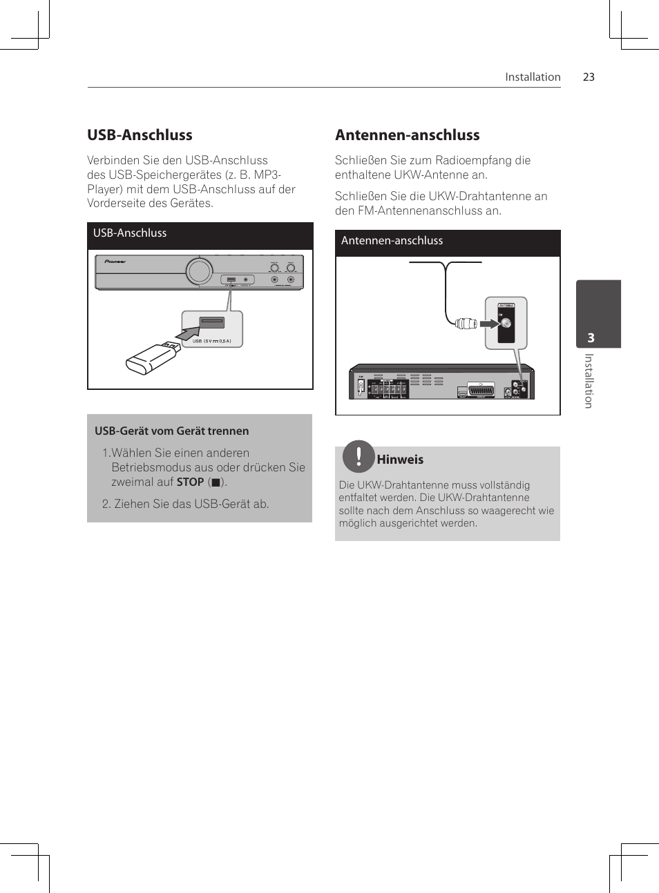 Usb-anschluss, Antennen-anschluss | Pioneer DCS-222K User Manual | Page 115 / 280