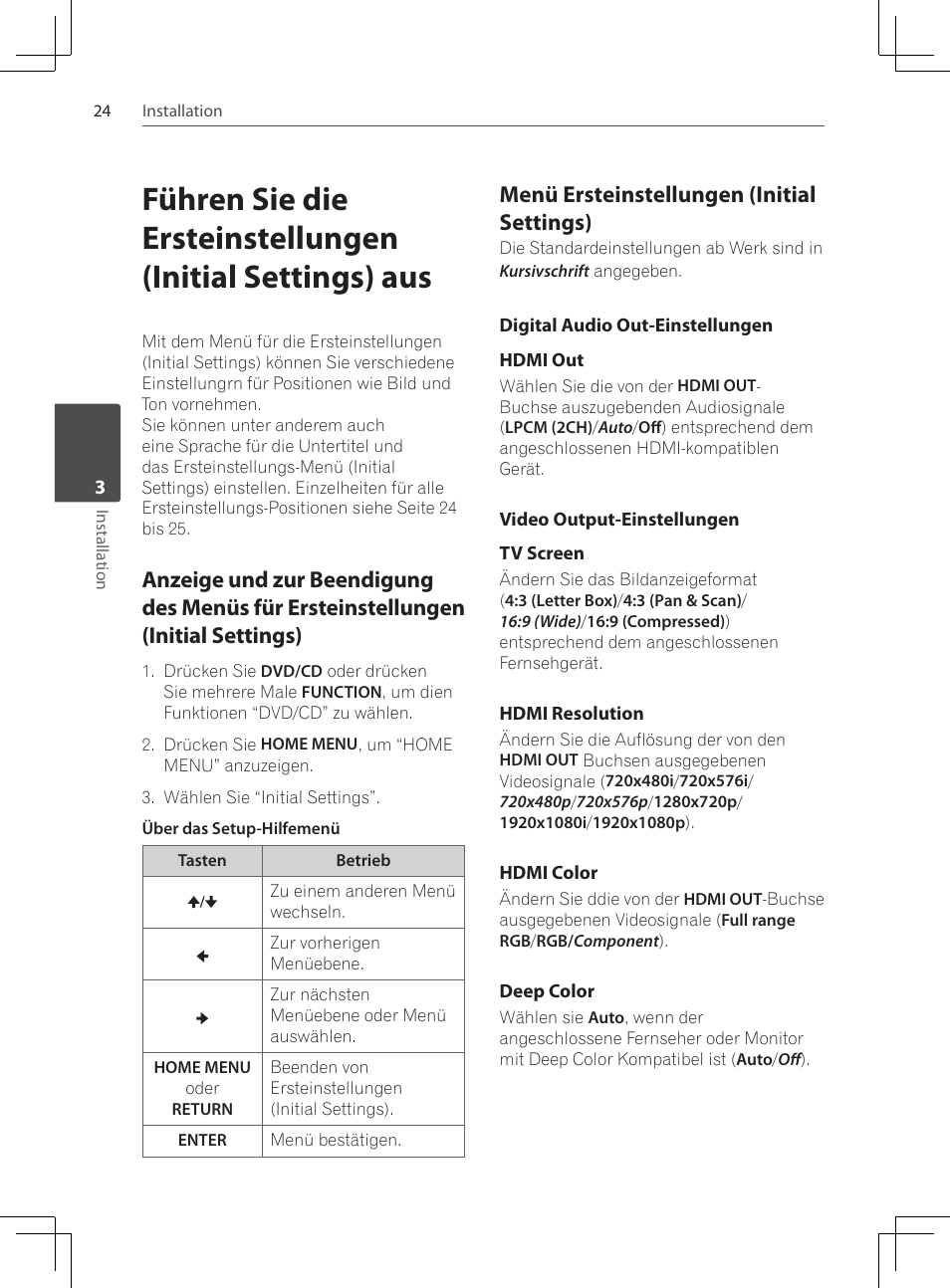 Anzeige und zur beendigung des, Menüs für ersteinstellungen (initial settings), Menü ersteinstellungen (initial | Settings), Digital audio out-einstellungen, Video output-einstellungen, Menü ersteinstellungen (initial settings) | Pioneer DCS-222K User Manual | Page 116 / 280