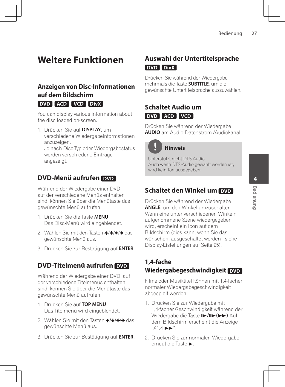 Weitere funktionen, Anzeigen von disc-informationen, Auf dem bildschirm | Dvd-menü aufrufen, Dvd-titelmenü aufrufen, Auswahl der untertitelsprache, Schaltet audio um, Schaltet den winkel um, 1,4-fache, Wiedergabegeschwindigkeit | Pioneer DCS-222K User Manual | Page 119 / 280