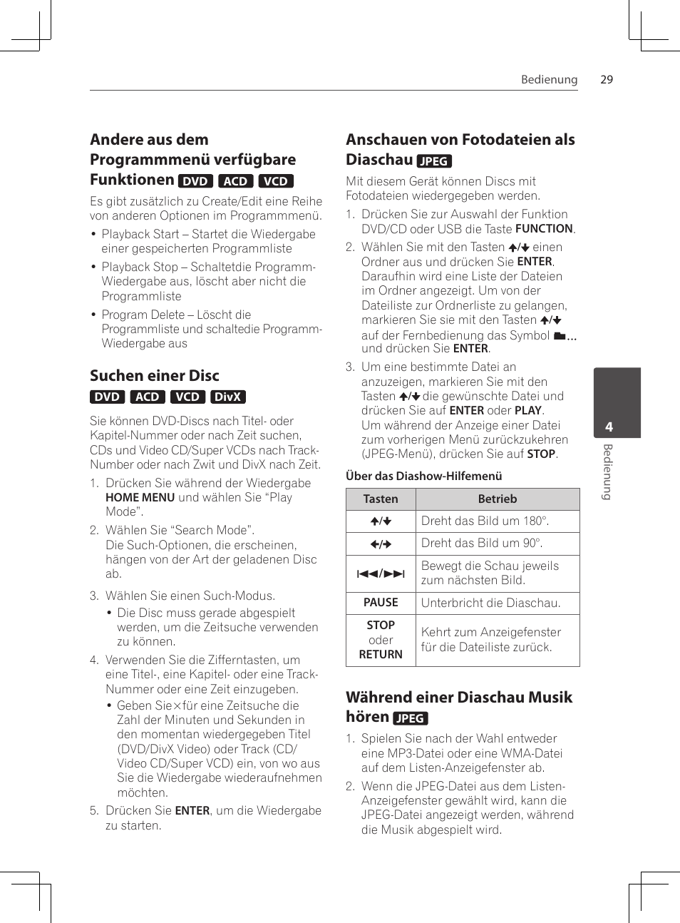 Andere aus dem programmmenü, Verfügbare funktionen, Suchen einer disc | Anschauen von fotodateien als, Diaschau, Während einer diaschau musik, Hören, Andere aus dem programmmenü verfügbare funktionen, Anschauen von fotodateien als diaschau, Während einer diaschau musik hören | Pioneer DCS-222K User Manual | Page 121 / 280