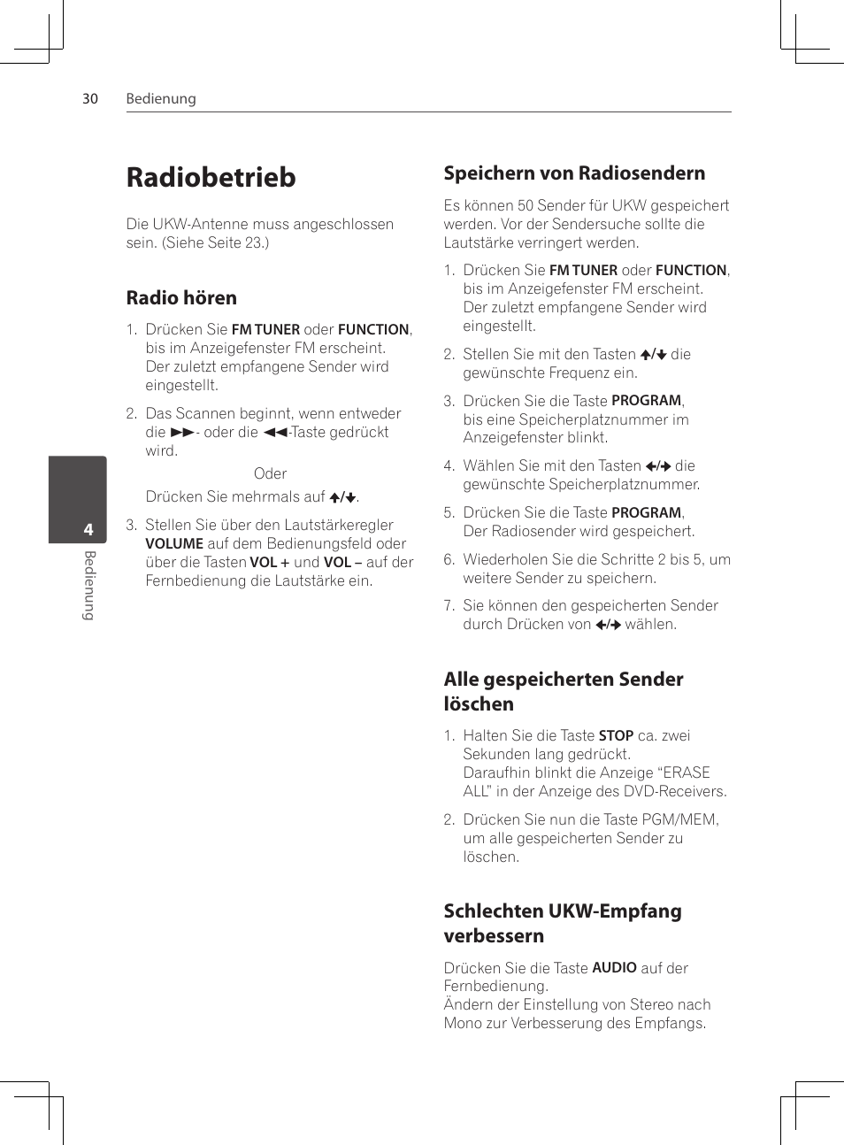 30 radiobetrieb 30, Radio hören, Speichern von radiosendern | Alle gespeicherten sender löschen, Schlechten ukw-empfang, Verbessern, Radiobetrieb, Schlechten ukw-empfang verbessern | Pioneer DCS-222K User Manual | Page 122 / 280