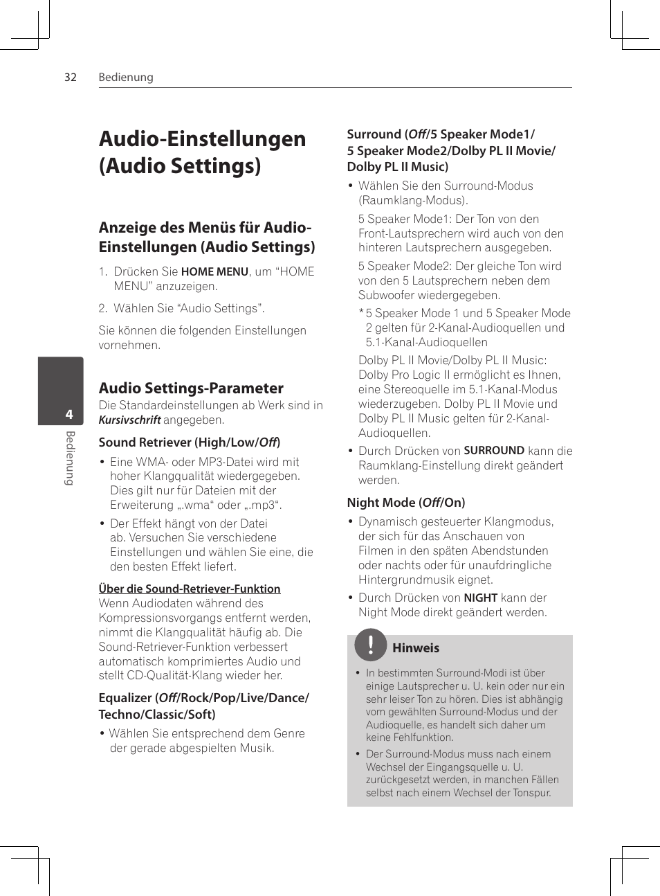 Audio-einstellungen (audio settings), Anzeige des menüs für audio, Einstellungen (audio settings) | Audio settings-parameter | Pioneer DCS-222K User Manual | Page 124 / 280