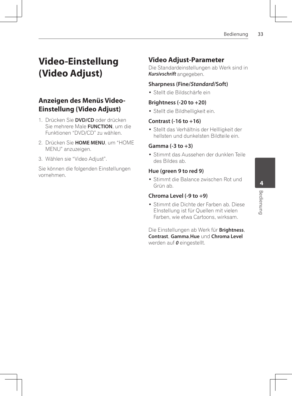 Video-einstellung (video adjust), Anzeigen des menüs video, Einstellung (video adjust) | Video adjust-parameter | Pioneer DCS-222K User Manual | Page 125 / 280