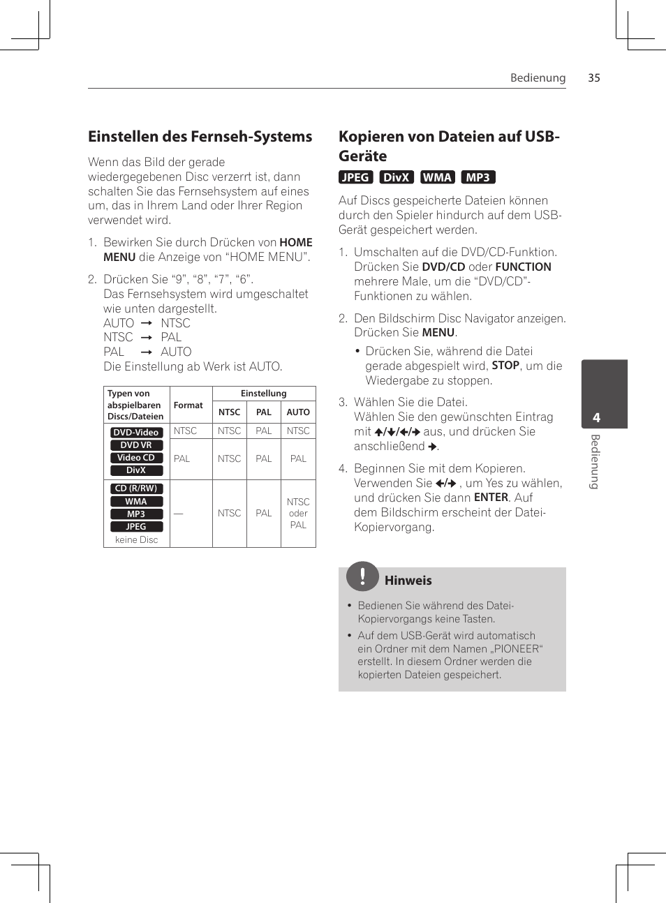 Einstellen des fernseh-systems, Kopieren von dateien auf usb- geräte | Pioneer DCS-222K User Manual | Page 127 / 280