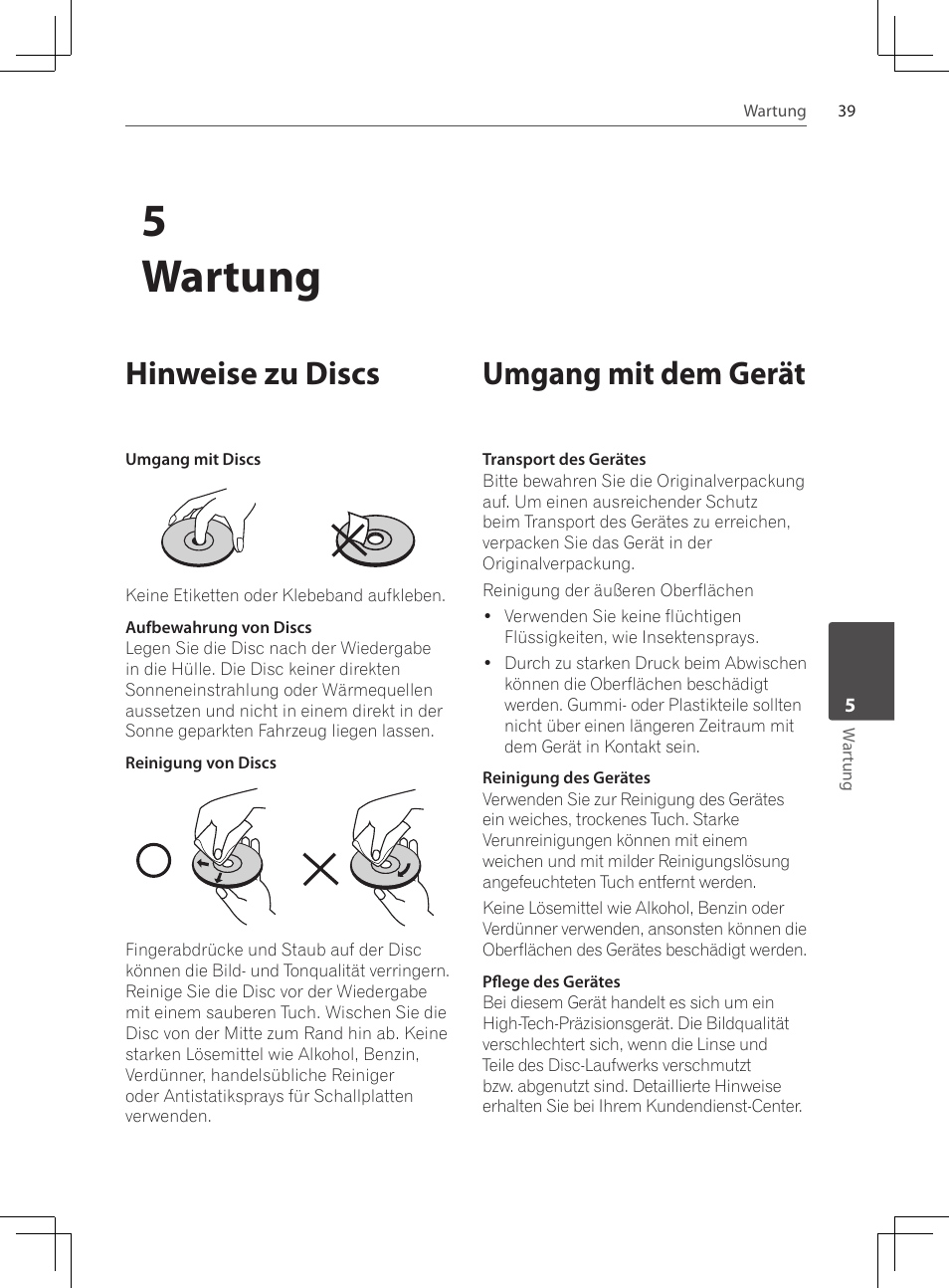 Hinweise zu discs, Umgang mit dem gerät, 5wartung | Pioneer DCS-222K User Manual | Page 131 / 280