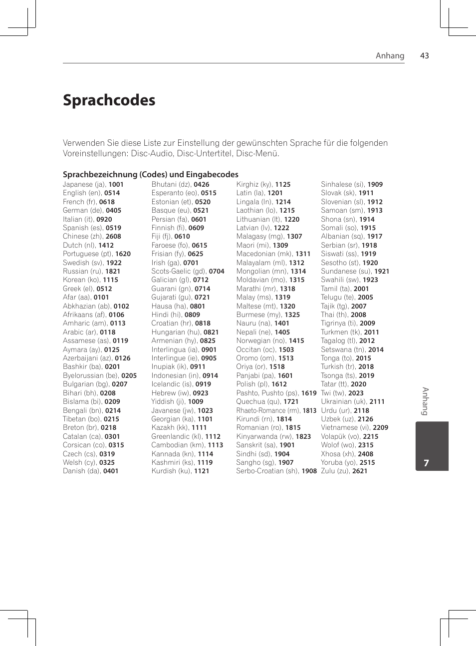 43 sprachcodes, Sprachcodes | Pioneer DCS-222K User Manual | Page 135 / 280